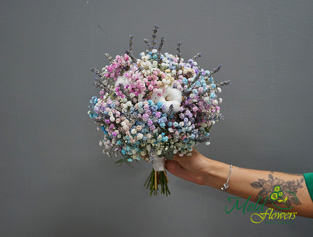 Bridal bouquet of colored baby's breath and lavender photo